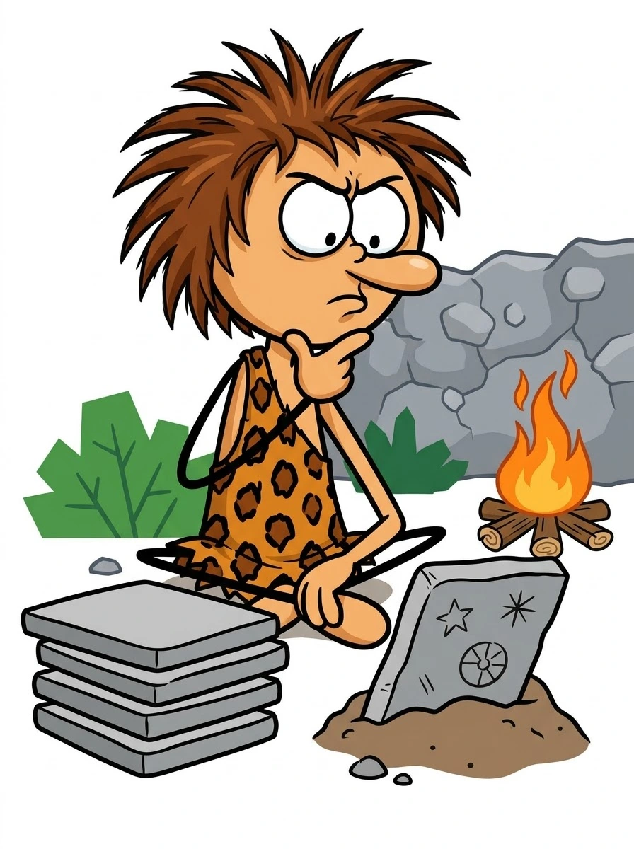 Illustration of an ancient human studying stone tablets